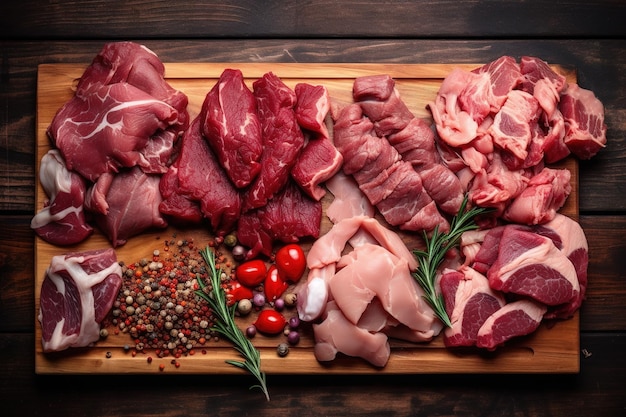 top view of a wooden cutting board with pieces of raw meat for cooking Generative AI