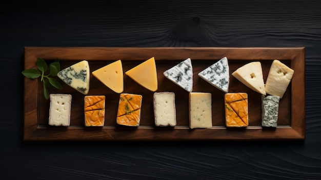 Top View Wooden Platter With Cheese Dark Azure And Light Amber Style