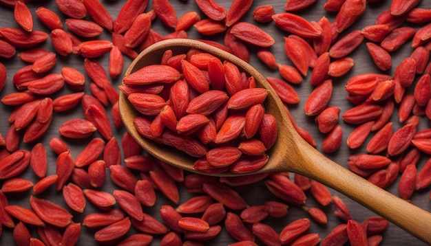 Top view of wooden spoon full of goji berries