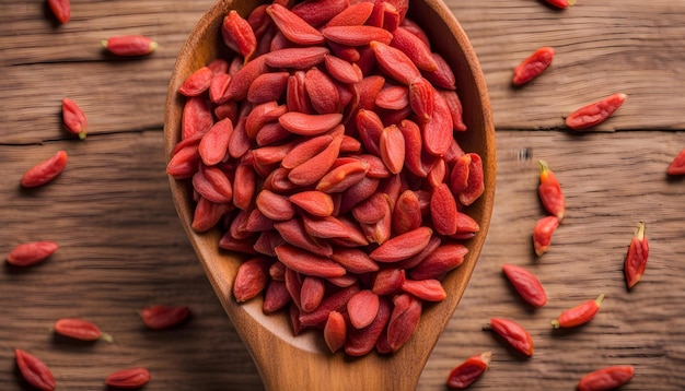 Top view of wooden spoon full of goji berries