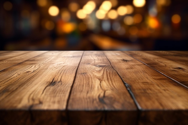 Top view of a wooden table against a blurred bar interior