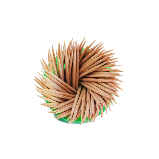 Top view of wooden toothpick on white background.