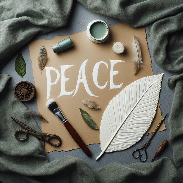 Photo top view of a word peace written in white and a white leaf beside it