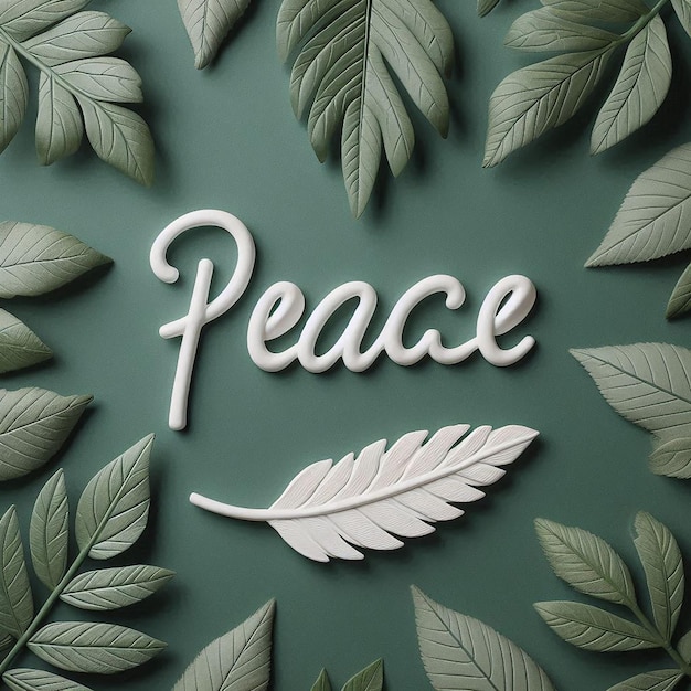 Photo top view of a word peace written in white and a white leaf beside it