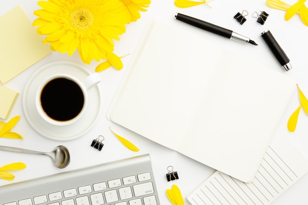 Top view working woman desk