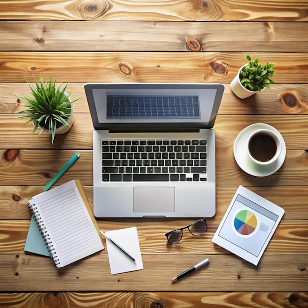 Top view of a workspace with laptop and documents on a wooden table