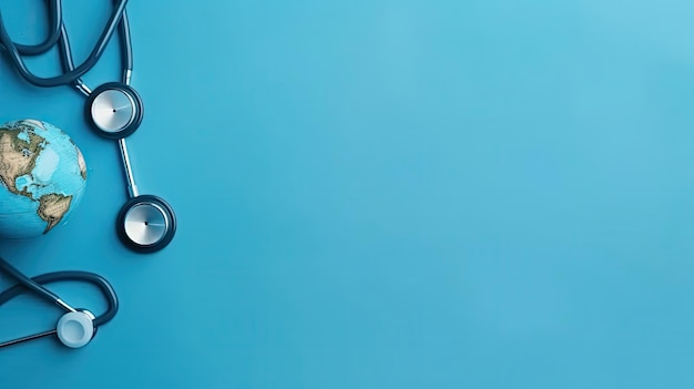 Top View of World Health day banner design of a stethoscope and miniature earth on blue background