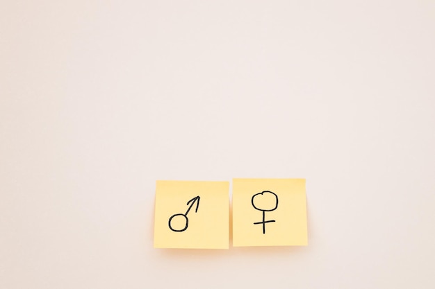 Top view of yellow cards with gender identity signs on white background