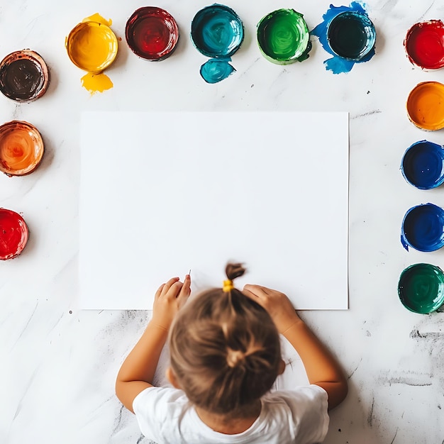 Top View of Young Artist Drawing on White Paper With Colorful Paints