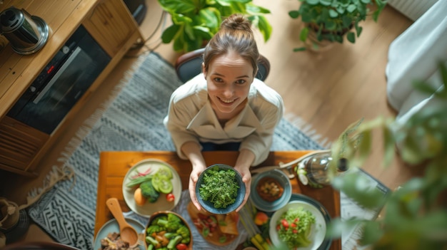 Photo top view young content creator using smartphone take a photo food on the table