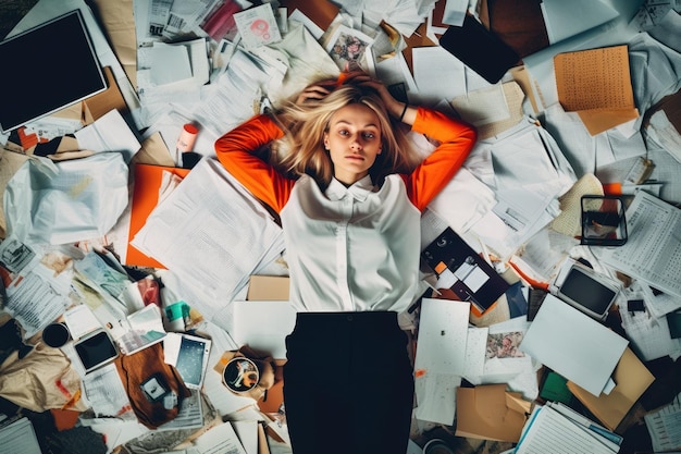 A top view of a young Scandinavian businesswoman lying on the floor that is full of papers and documents in an office scene Generative AI image AIG30