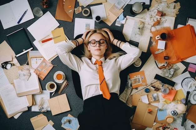 A top view of a young Scandinavian businesswoman lying on the floor that is full of papers and documents in an office scene Generative AI image AIG30