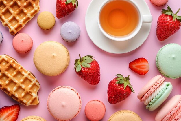 Top view of yummy waffle cookies with fresh red strawberries macarons and tea on pink surface