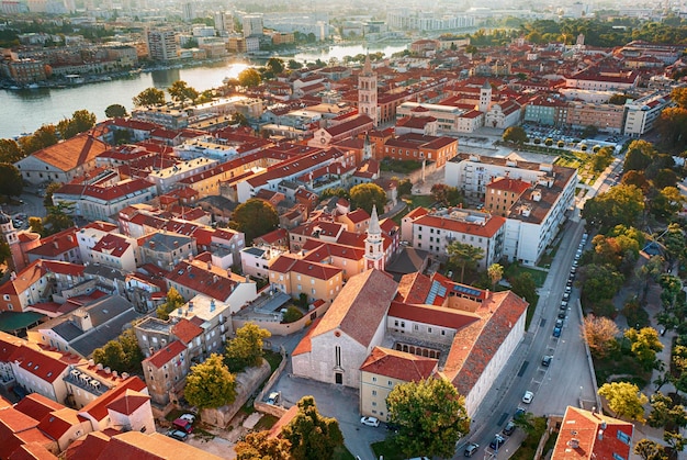 Top view of the Zadar old town and sea Zadar Croatia Travel destinations vacational background View from above