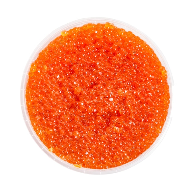 Top viw of container with russian red caviar