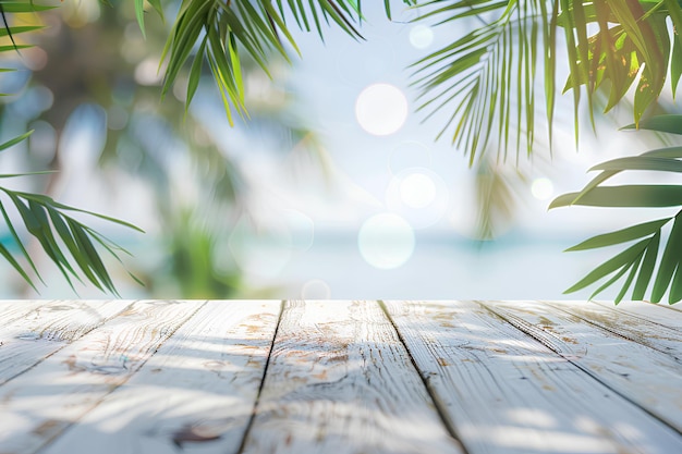 Top of White Wooden Table with Blurred Bokeh Light Seascape