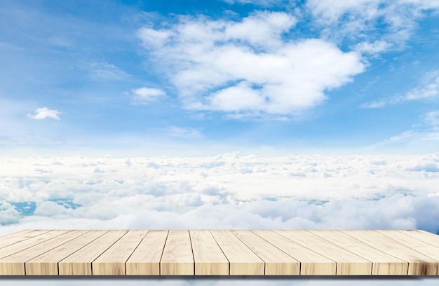 Top of wood balcony table with seascape and and sky