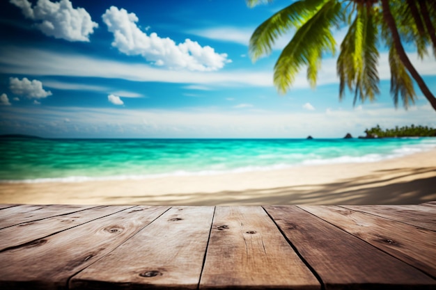 Top wood table and coconut tree with sea beach background for product display Generative AI