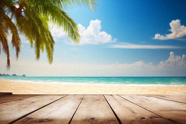 Top wood table and coconut tree with sea beach background for product display Generative AI