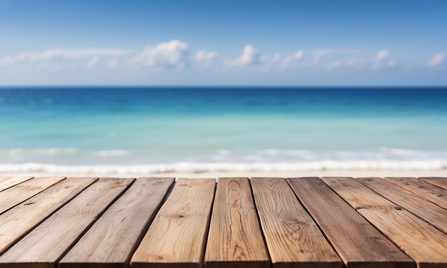 Top of wood table with blurred sea and blue sky