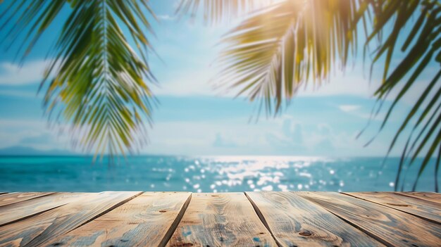 Top of wood table with seascape and palm tree blur bokeh light of calm sea and sky a Generative AI