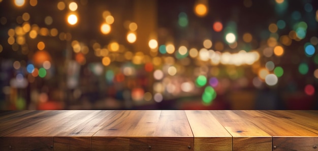 Top of Wooden table with Blurred Bar restaurant background