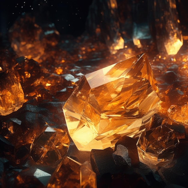 Topaz and amber crystals illuminating an underground world