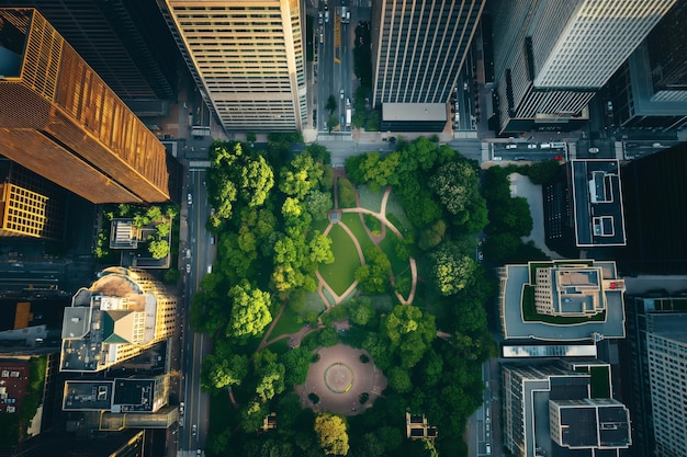 Topdown aerial shot capturing a green park surrounded by highrise buildings in the city