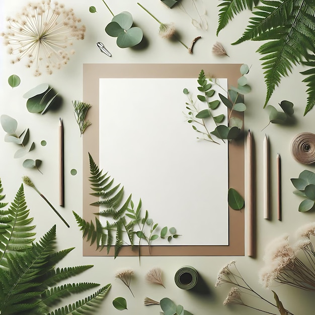 TopDown Botanical Mockup with Textured Paper Surrounded by Green Ferns Eucalyptus and Soft Petals