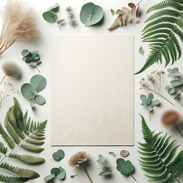 TopDown Botanical Mockup with Textured Paper Surrounded by Green Ferns Eucalyptus and Soft Petals