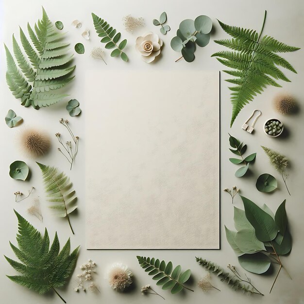 TopDown Botanical Mockup with Textured Paper Surrounded by Green Ferns Eucalyptus and Soft Petals