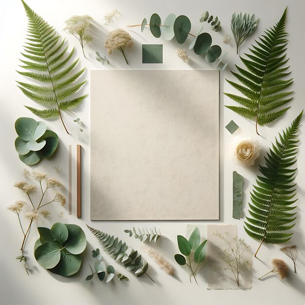 TopDown Botanical Mockup with Textured Paper Surrounded by Green Ferns Eucalyptus and Soft Petals