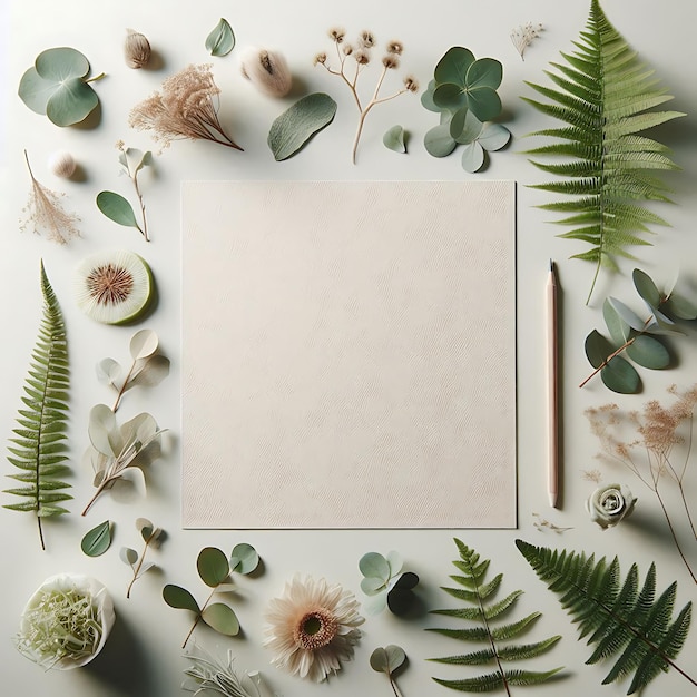 TopDown Botanical Mockup with Textured Paper Surrounded by Green Ferns Eucalyptus and Soft Petals