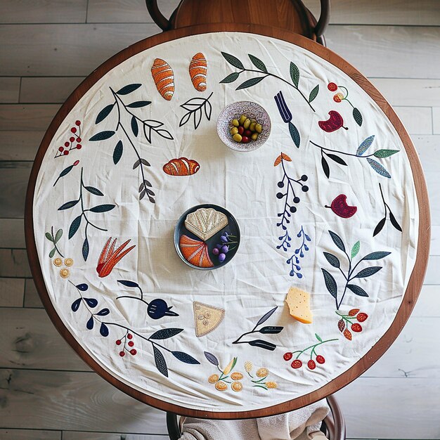 Photo a topdown photo of a round table with only a linen tablecloth on it the tablecloth has a minimalis