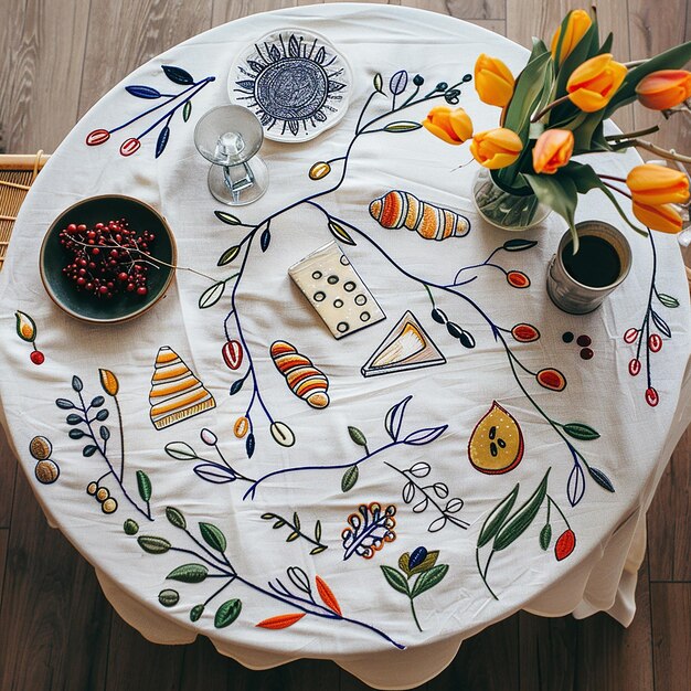 Photo a topdown photo of a round table with only a linen tablecloth on it the tablecloth has a minimalis