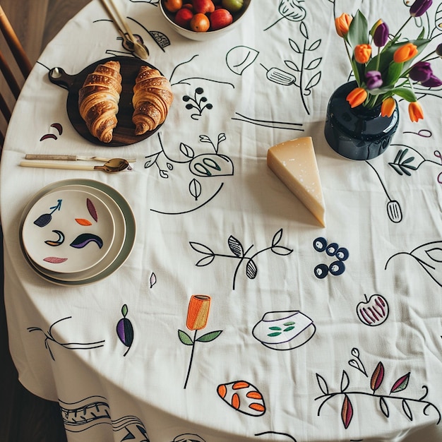 Photo a topdown photo of a round table with only a linen tablecloth on it the tablecloth has a minimalis