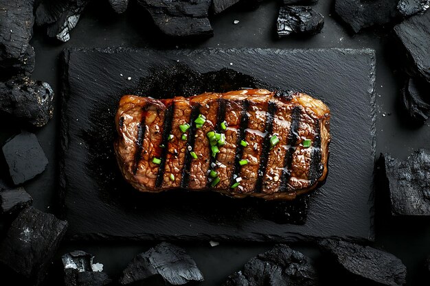 Photo a topdown photograph of a grilled steak on a black slate plate