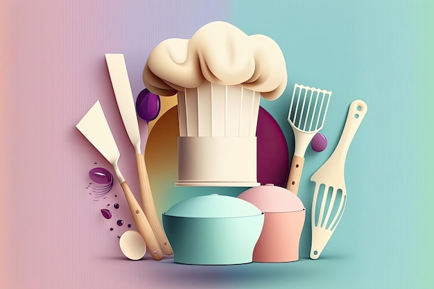 A topdown shot of a chef's hat and various kitchen utensils such as measuring cups and spoons set against a pastelcolored background Generated by AI