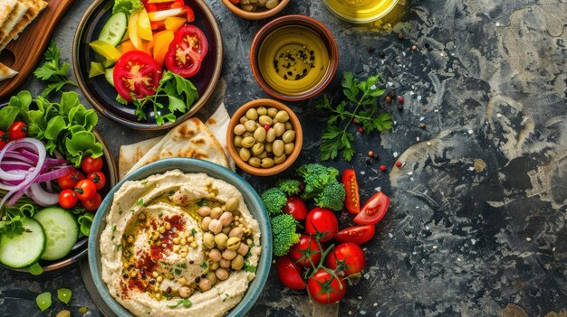 Photo topdown shot of a vegan mediterranean feast fresh salads hummus pita bread colorful presentation ide