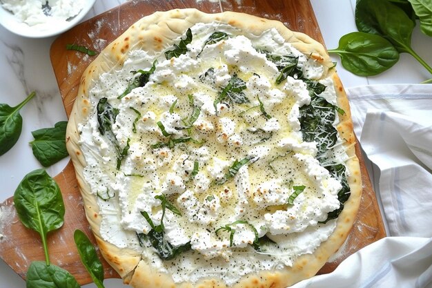 TopDown Shot of a White Pizza with Ricotta and Spinach