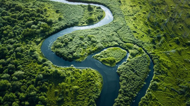 Photo topdown shot of a winding river cutting through a lush green forest