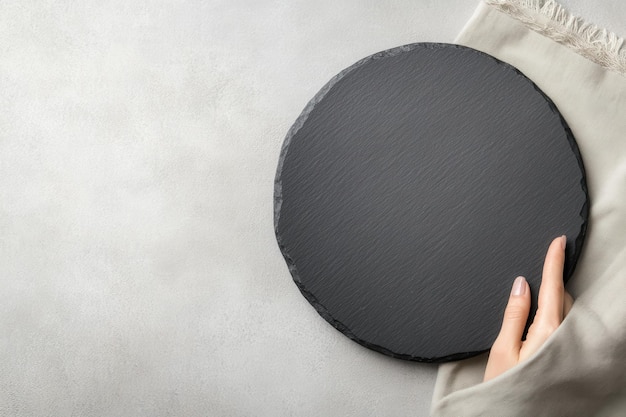 Photo topdown view of a black slate plate and napkin on a grey stone table perfect for creating an elegant food presentation or menu display