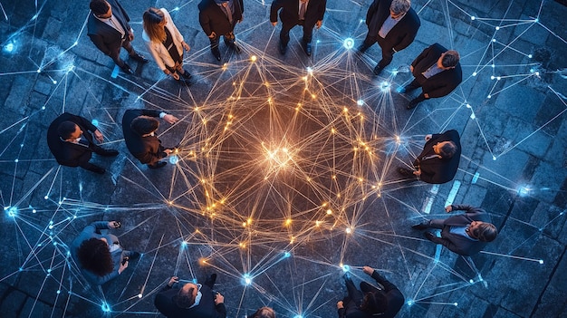 Topdown view of a business team symbolizing unity with technology and connections