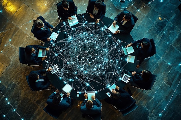 Topdown view of a business team symbolizing unity with technology and connections