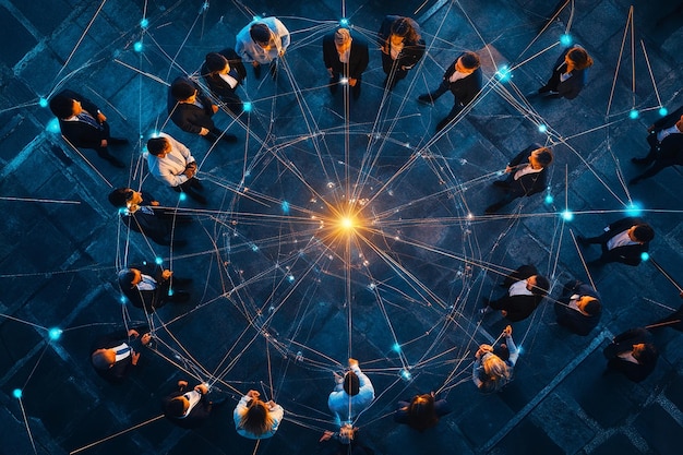 Topdown view of a business team symbolizing unity with technology and connections