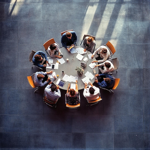 Topdown view of a business team symbolizing unity with technology and connections