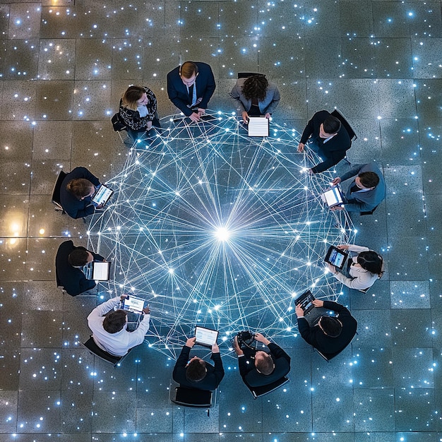 Topdown view of a business team symbolizing unity with technology and connections