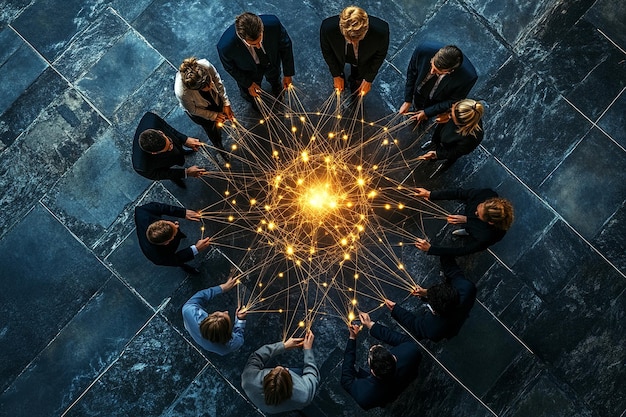 Topdown view of a business team symbolizing unity with technology and connections