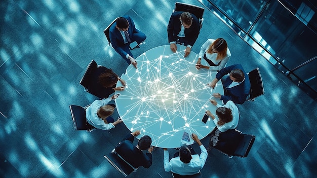 Topdown view of a business team symbolizing unity with technology and connections