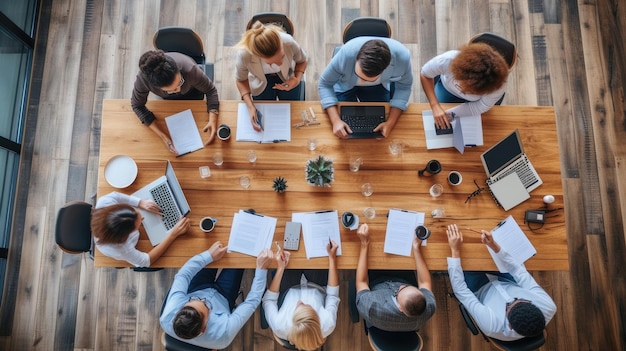 Topdown view captures meeting of business professionals in office setting